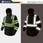 JKSafety Hi-Vis Reflective Safety Rain Jacket for Men Women Waterproof Rain Gears for Farming Fishing Work HV Rain Jacket with Inner Mesh Lining and Pockets (117A-Black M)