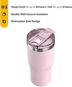 RTIC 30oz Essential Tumbler with Lid, Ceramic Lined, Insulated, Stainless Steel, Metal, Double Wall Vacuum-Insulation, Travel Cup for Iced Coffee, Tea, Hot and Cold Drink, Pale Pink