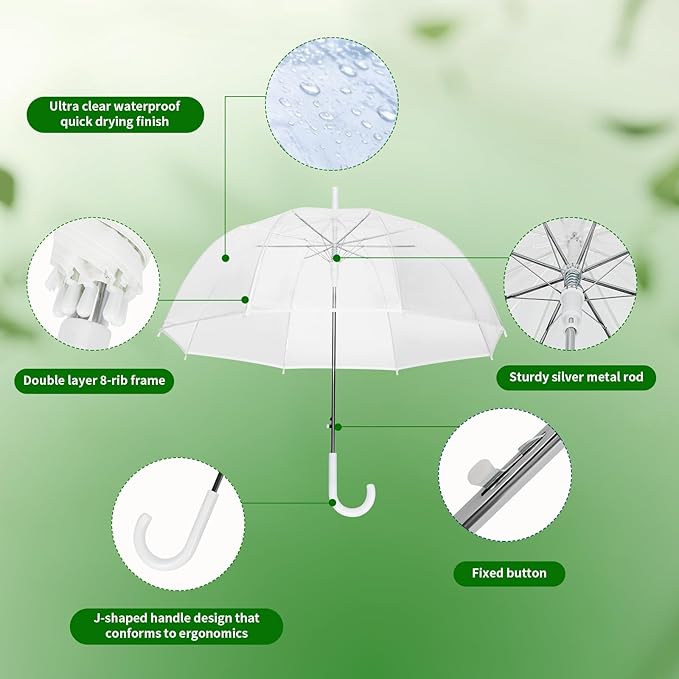 Clear Bubble Umbrellas for Wedding 8 Pack, 48 Inch Windproof Transparent POE Dome Umbrella with Auto Open J-Handle, Large Clear Umbrellas for Wedding Rain Golf Outdoor Photography Bridal Events