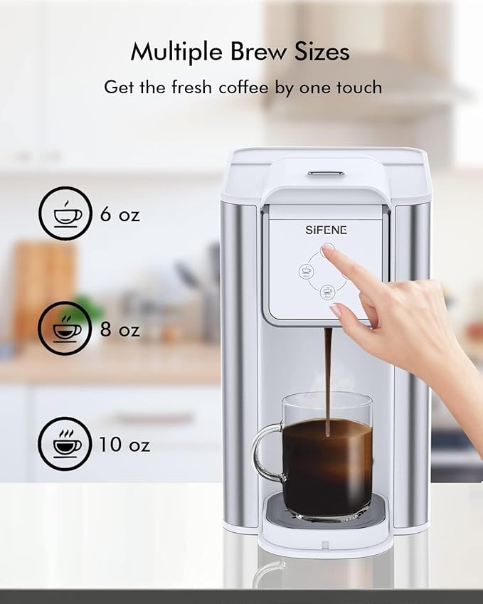 SIFENE Single Serve Coffee Machine, 3 in 1 Pod Coffee Maker For K-Pod Capsule, Ground Coffee Brewer, Leaf Tea Maker, 6 to 10 Ounce Cup, Removable 50 Oz Water Reservoir, White