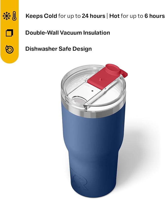 RTIC 30oz Essential Tumbler with Lid, Ceramic Lined, Insulated, Stainless Steel, Metal, Double Wall Vacuum-Insulation, Travel Cup for Iced Coffee, Tea, Hot and Cold Drink, Patriot