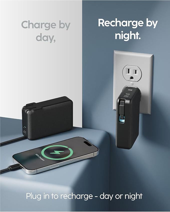 myCharge RetractaCharger 10000mAh Portable Charger Power Bank with 28-Inch Retractable USB-C Cable | Premium Fabric | Built-in Wall Plug | 30W PD Fast Charging | USB-C/A Ports | Digital Display