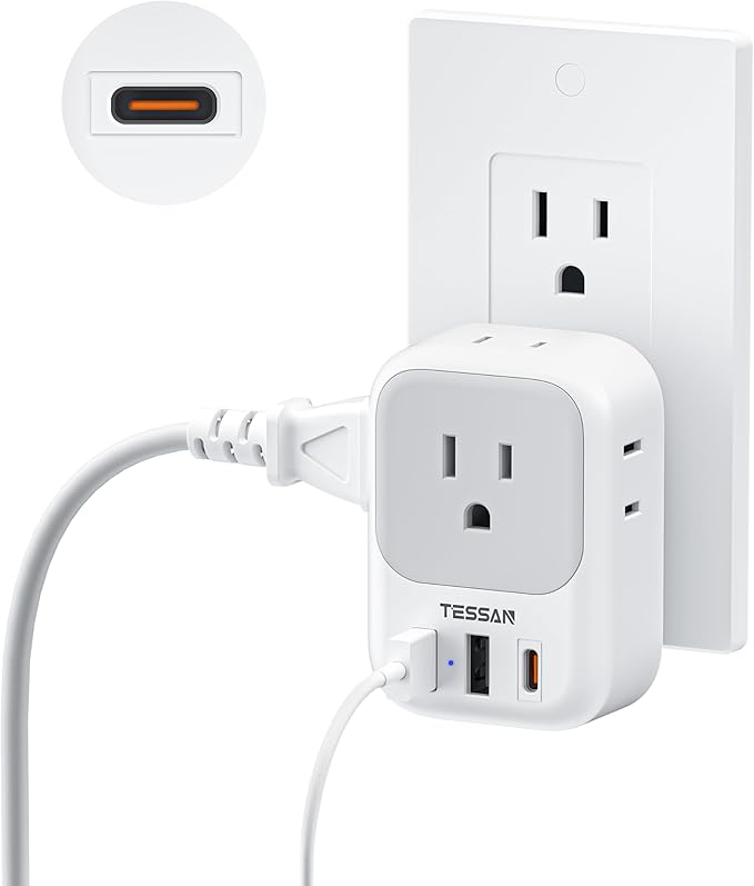 TESSAN USB C Charger Block 20W PD, Fast Charging Adapter Wall Plug, Power Outlet Extender(4 AC and 3 USB) for Cruise, Home, Office, Dorm Room Essentials, Grey