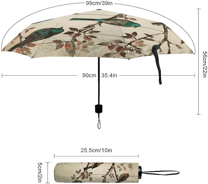 Strongest Windproof Travel Umbrella Birds on Branches Printed Automatic Folding Rain Umbrella, Durable Premium Grip, Fits Car & Backpack