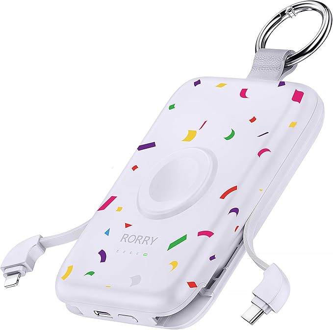RORRY CharmGo Portable Charger, 10000mAh 20W Fast Charging Portable Charger Power Bank with Built in Cables, Travel Battery Pack for iPhone 17/16/15/14/13/12 and Apple Watch, Confetti-Purple