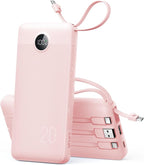 VRURC Portable Charger Slim 20000mAh Power Bank,22.5W PD Fast Charging Travel Essentials Powerbank 4-Built-in-Cables&2 Extra Ports Compatible with iPhone,iPad,Galaxy,Android (Pink)