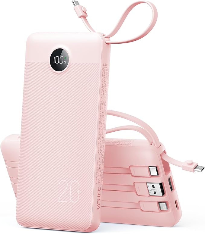 VRURC Portable Charger Slim 20000mAh Power Bank,22.5W PD Fast Charging Travel Essentials Powerbank 4-Built-in-Cables&2 Extra Ports Compatible with iPhone,iPad,Galaxy,Android (Pink)