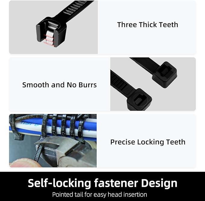 Zip Ties 8 inch, 1000 Pack Black Zip Ties, Self-Locking Nylon Cable Ties with 40 lbs Tensile Strength,Wire Ties for indoor and outdoor use.