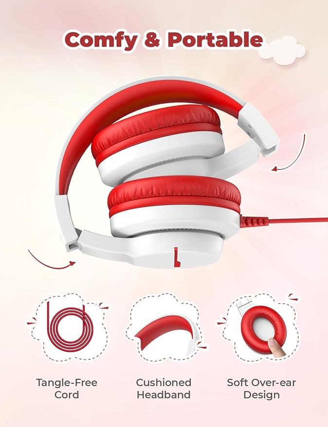 iClever HS19 Kids Headphones with Microphone, 74/85dBA Volume Limiter - Shareport - Over Ear Stereo Headphones for Kids Boys Girls, Foldable 3.5mm Jack Wired Headphone for iPad/School/Travel, White