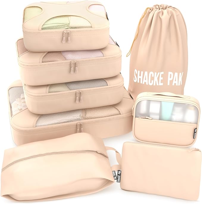 Shacke Packing Cubes for Travel 8 Set - Premium Luggage Organizer Bags - Versatile Travel Organizer for Women and Men - Optimized Packing Bags - Travel Essentials (Cream)