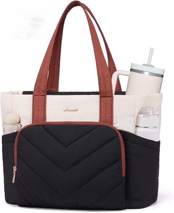 LOVEVOOK Puffer Tote Bag for Women, V-Quilted Puffy Teacher Tote Nurse Bag, Large Shoulder Laptop Purse for Work Travel Gym