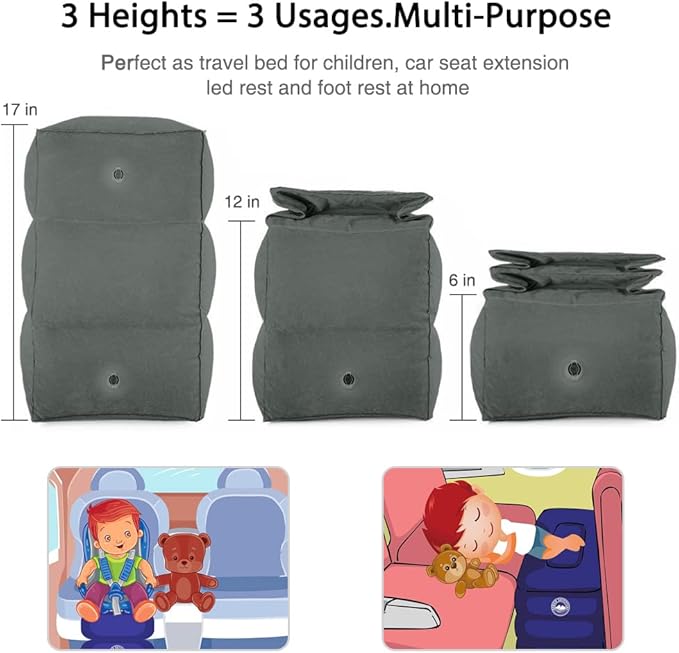 Travel Foot Rest Pillow, Portable Inflatable with Double Hand Pump Adjustable Three Layers Height Pillow for Foot Rest on Airplanes,Cars,Buses,Trains,Office Kids to Sleep on Long Flights (Dark Gray)