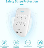 Oviitech 6 Outlet Surge Protector,900 Joules Wall Adapter Tap with 2 USB Charger, Dual 3.1A USB Ports, 3-Prong Wall Mount Outlet Plugs,ETL Listed,White