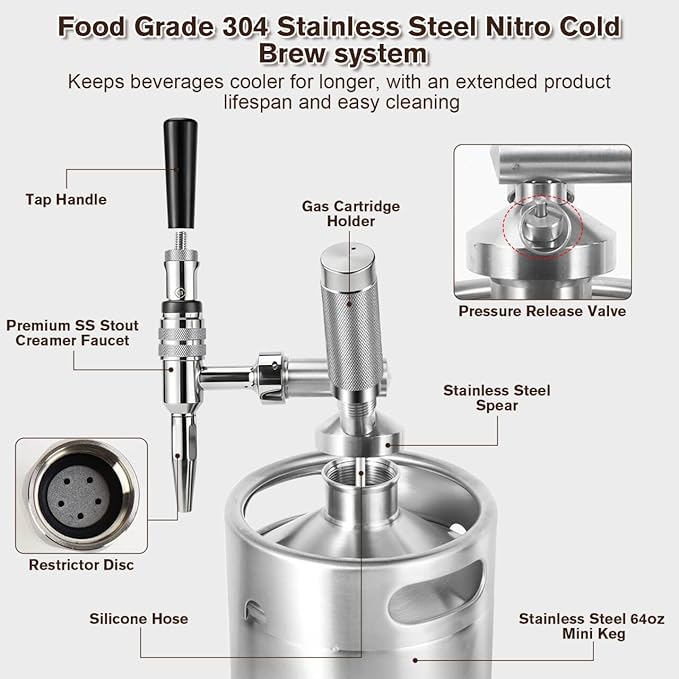 Nitro Cold Brew Coffee Maker, 64oz SS Mini Keg Cold Brew Maker, Nitro Coffee Machine System with Pressure Relief Valve & Stout Creamer Faucet Nitro Keg Coffee Growler Gift for Coffee Lovers
