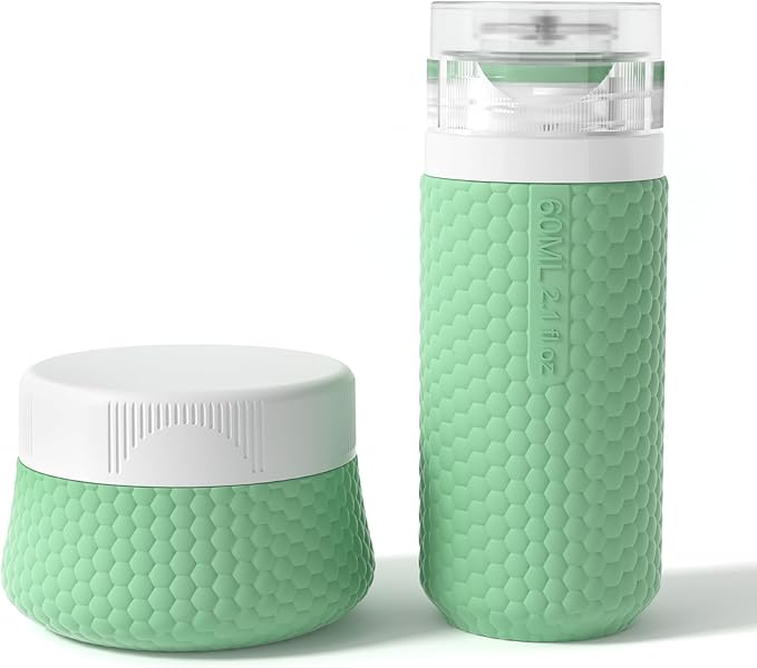2 oz Travel Bottle Silicone Small Liquid Travel Containers 2 Pack Leak Proof TSA Approved Bottles On The Go Size Traveling Kit for Toiletries Shampoo Body Wash Skincare Lotion Women Men Leather Green