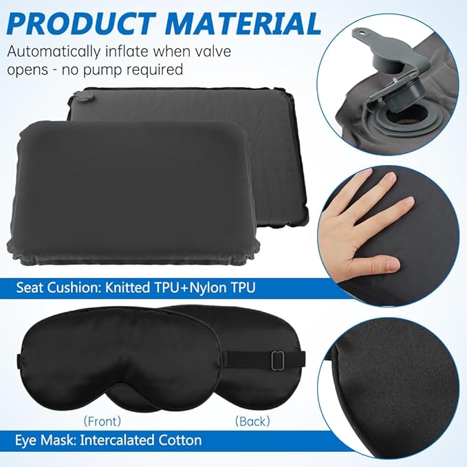 Portable Self-Inflating Seat Cushion, Portable Travel Cushion Airplane Seat, Memory Foam Sitting Pad for Travel Airplane Car Bleachers Backpacking Office(Grey)