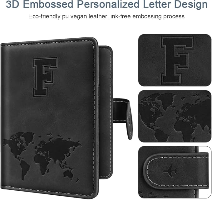Passport Holder Wallet Cover Personalized Letter A-Z Travel Wallet RFID Blocking Passport Cover Wallet Case for Travel Passport Book Holders for Women and Men, Black-F