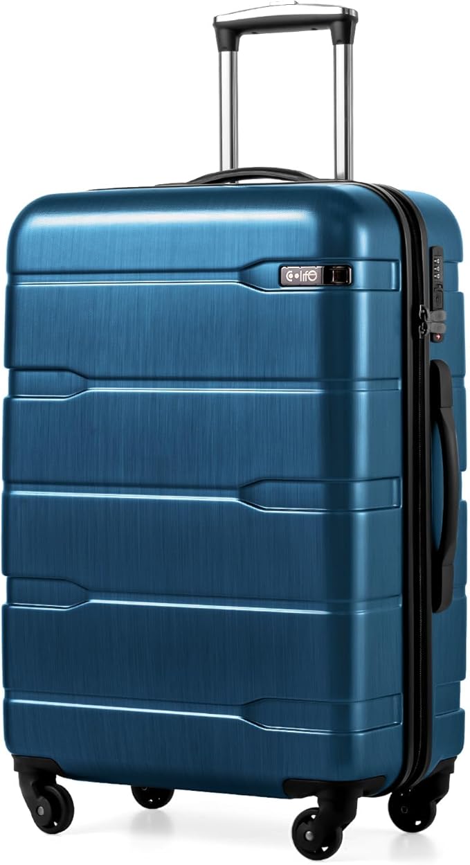 Coolife Medium Checked Luggage Hardside PC+ABS Suitcase with TSA Lock, Lightweight Rolling Carry On with Spinner Wheels(Caribbean Blue, 24in)