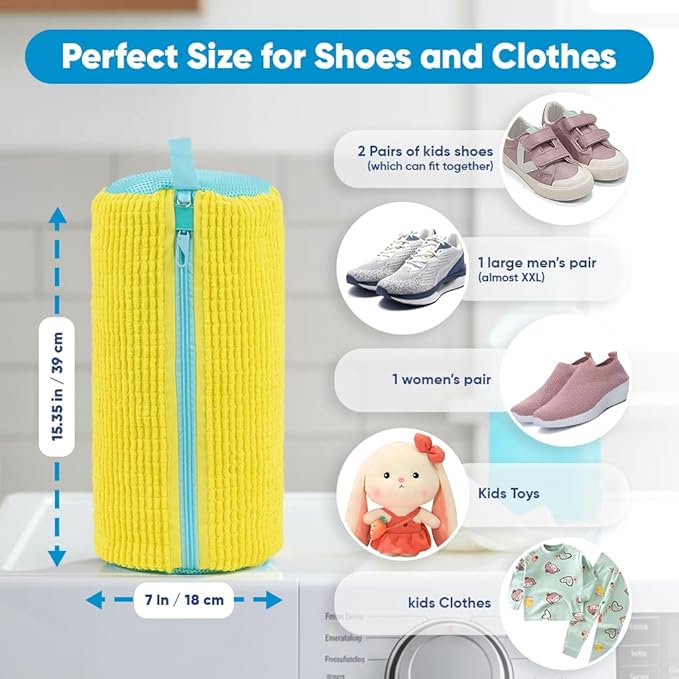 Shoe Washing Machine Bag – 2 Pcs Reusable Laundry Shoe Bag, 360° Deep Cleaning Sneaker Washing Bag, Durable Mesh Net with Zipper Protection, Fits All Shoe Types & Sizes (Yellow, 14.8 × 7.4 Inches)