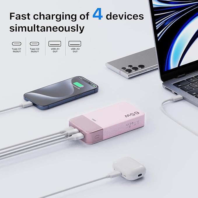 JUOVI Portable Charger 65W Power Bank 20000mAh Compact USB C Laptop Power Bank Fast Charging Battery Pack for Laptop MacBook Dell XPS iPad Tablet Steam Deck iPhone 17/16/15/14 Series Samsung and More