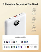 Small Portable Charger 10000mAh, Mini Power Bank with LED Display, 22.5W PD Fast Charging USB-C Battery Pack, Compact Lightweight Travel Charger Compatible with iPhone Samsung Android, White