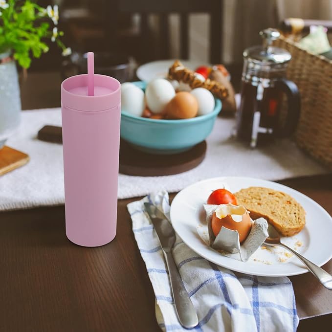 Volhoply 20oz Plastic Skinny Tumbler,Double Wall Tumblers with Lid and Straw,Reusable Travel Iced Coffee Mug,BPA Free Matte Acrylic Water Cups With Straw for Parties,DIY Gifts(Pink, 1 Set