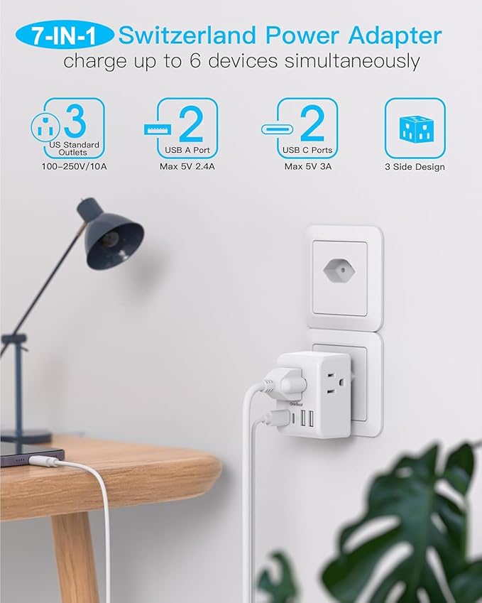 2 Pack Switzerland Travel Plug Adapter, Type J Power Adaptor with 3 Outlets 4 USB Charging Ports(2 USB C), Swiss Outlet Adapter Travel Plug for US to Switzerland, Liechtenstein, Rwanda