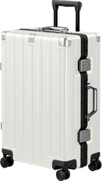 Krute Zipperless Luggage 24 Inch Aluminum Frame Suitcase with Spinner Wheels PC+ABS Hardide Checked Luggage TSA Approved No Zipper Travel Suitcase White