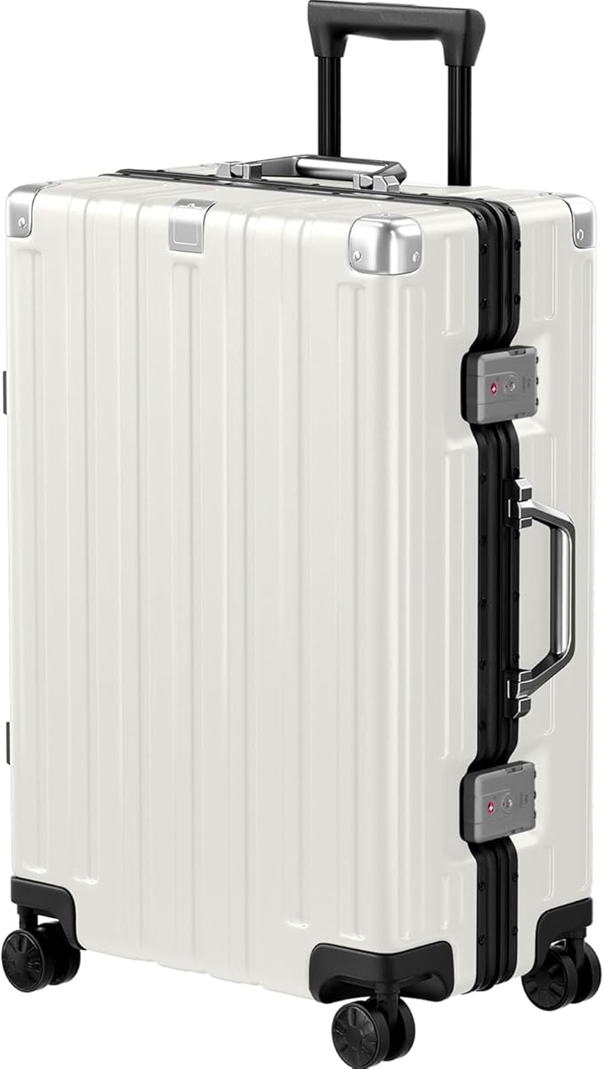 Krute Zipperless Luggage 24 Inch Aluminum Frame Suitcase with Spinner Wheels PC+ABS Hardide Checked Luggage TSA Approved No Zipper Travel Suitcase White