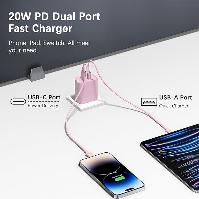 USB C Charger Block Charging Block Type C Charge 20W Wall Chargers 4 Pack for iPhone 16/16 Plus/16 Pro/16 Pro Max/iPhone 15/15 Pro/15 Pro Max/14/13/12 Pro/Samsung//Android(Pink)