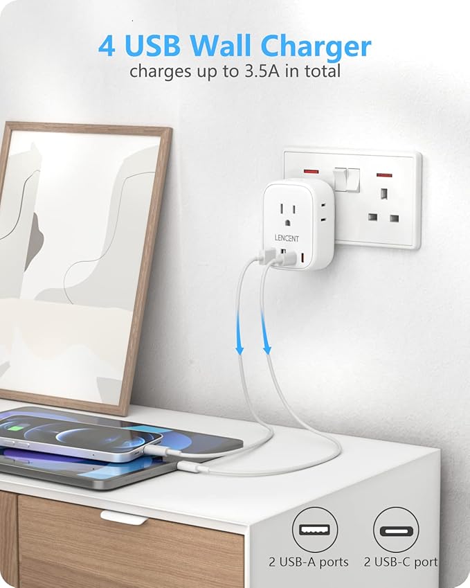 LENCENT 2 Pack US to UK Ireland Travel Plug Adapter,Grounded Type G Adapter For Travel with 4 Outlets 4 USB Ports (2 USB C), Power Plug for USA to Dubai Scotland British London England Hong Kong