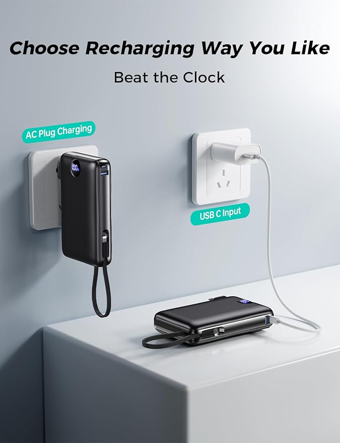 Portable Charger 50000mAh with Built-in Cables and AC Wall Plug, 22.5W Fast Charging Power Bank with LED Display for iPhone 17/16, Samsung, Android Devices, Camping, Road Trips and Travel, Black