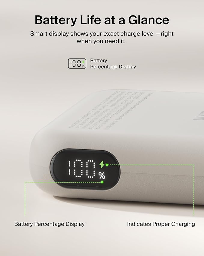 Belkin MagSafe Power Bank 10,000mAh, Qi2.2 25W Portable Charger w/Kickstand, Magnetic Back Supports MagSafe Accessories, Digital Display, Wireless Charging Battery Pack for iPhone 17, Pixel - Sand