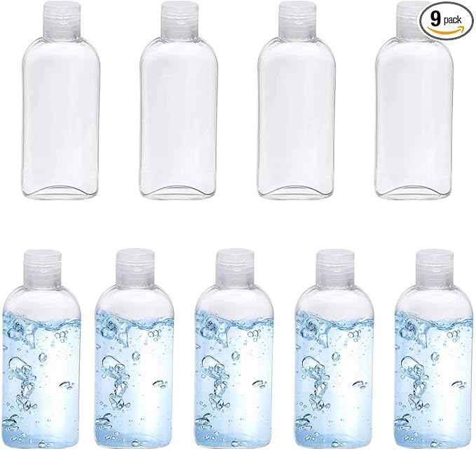 Clear Plastic Empty Squeeze Bottles 9 Pack 3.4oz/100ml with Flip Cap TSA Travel Bottle for Shampoo, Conditioner & Lotion (9 Counts)