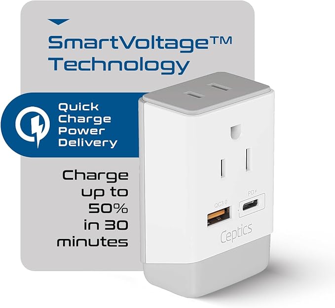 Ceptics India Maldives Power Plug Adapter Travel QC 3.0 & PD, Safe Dual USB & USB-C - 2 USA Socket Compact & Powerful - Use in Pakistan Nepal Sri Lanka - Type D AP-10 - Fast Charging