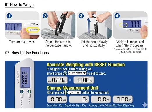 Digital Luggage Scale for Travel - Portable Handheld Weight Scale for Suitcases & Bags - 110lbs/50kg Capacity with LCD Display - 2 AAA Batteries Included (White)