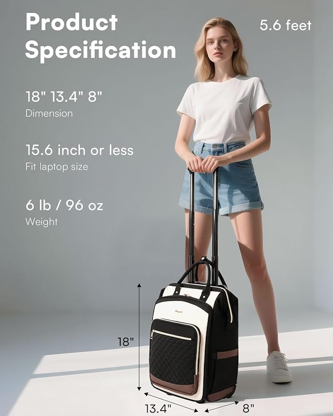 Rolling Backpack for Women, Travel Backpack with Wheels, Dual-Opening Wheeled Laptop Backpack, Stylish Rolling Laptop Bag, Overnight Underseat Carry on Luggage for College Business Work, Beige Brown