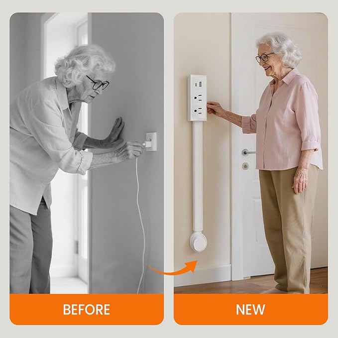 Electrical Outlet Extender Stick USB-A, USB-C, 2 AC Outlets, 17"-27" Extendable & 180° Rotating Plug Adapter for Wall Power Socket - Perfect for Nightstands, Sofas, Desks & Hard-to-Reach Spaces