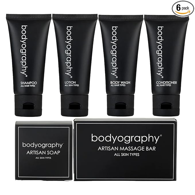 World Amenities - Bodyography Toiletry Kit, 6 Piece Set Shampoo, Conditioner, Body Wash, Lotion, Hand Soap, Massage Bar, Clear Travel Bag