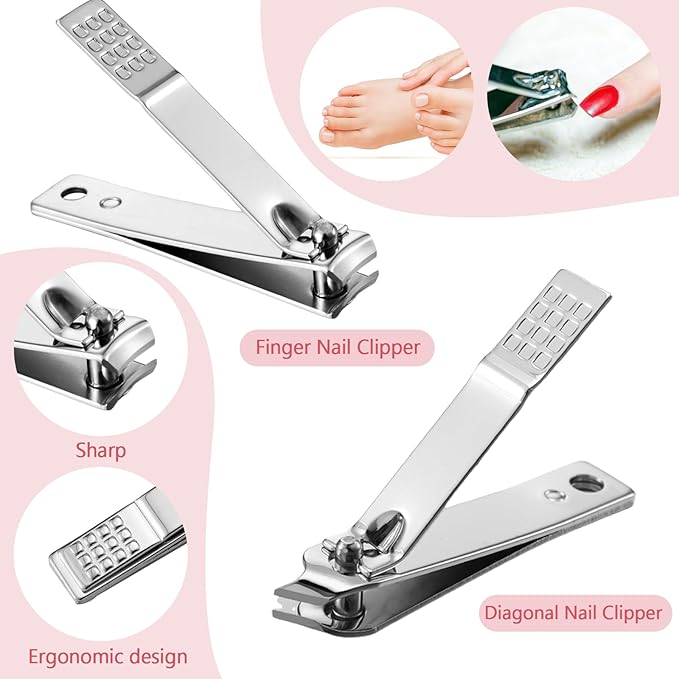 Geosar 50 Set 8 in 1 Travel Manicure Kit Bulk Professional Nail Clippers Pedicure Nail Care Tools Grooming Stainless Steel Set with Portable Travel Case, Gift for Valentine Men Women(Glitter Pink)