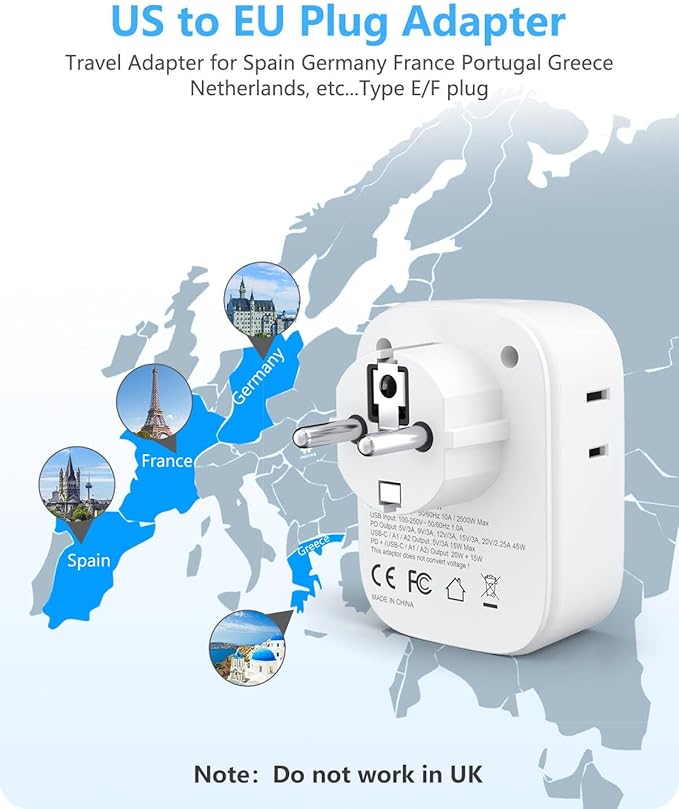 LENCENT Germany France Travel Power Adapter, PD 45W USB C Fast Charger, Schuko Type E F Plug Adaptor with 4 Outlets, Travel Essentials for US to Europe EU Spain Greece Russia Germany South Korea