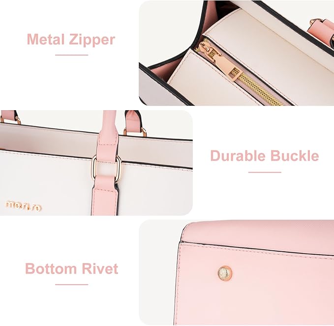 MOSISO Laptop Tote Bag for Women, 15.6 inch Waterproof PU Leather Work Bag with Clutch Purse & Bowknot, Large Capacity Handbag Shoulder Computer Bags Work Briefcase for Business Teacher Office, Pink