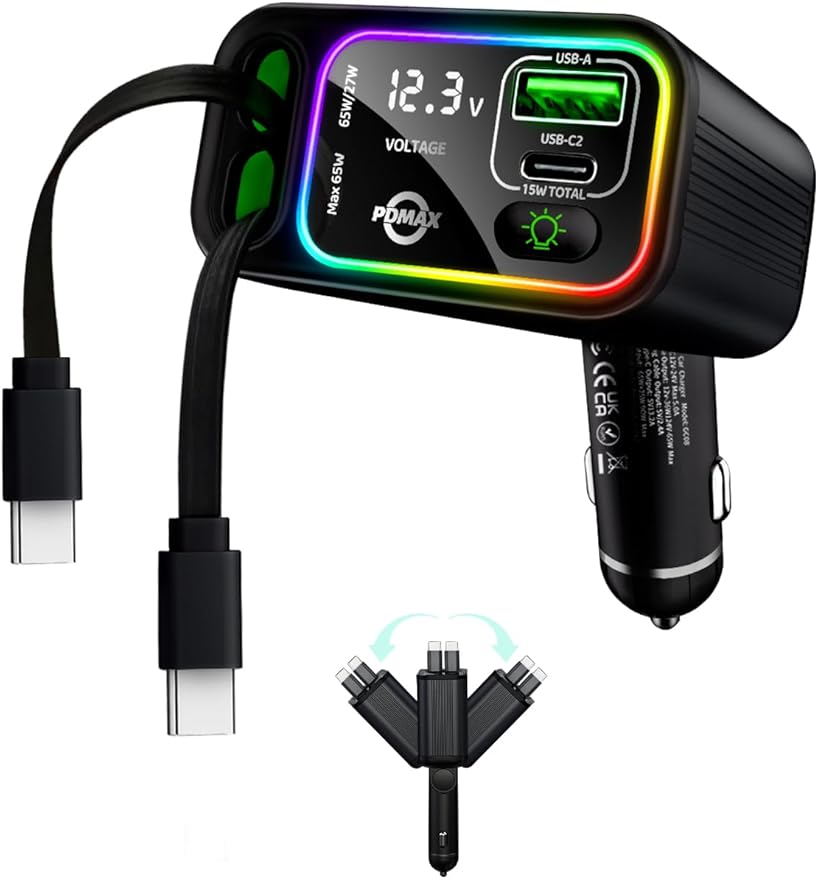 Retractable Car Charger USB C,145W Type C Car Charger Fast Charging with Dual Retractable USB C Cable and USB Ports for iPhone 17/16/15,S25/24/23/22, Pixel 9/8/7(Build-in Dual Type C Cable)