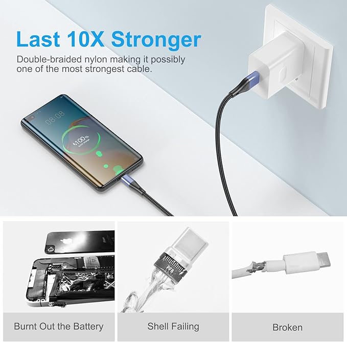 USB Type C Cable Fast Charging,3pack 10ft Premium Nylon Braided 3A Rapid Charger Quick Cord,Type C to A Cable Compatible for Samsung Galaxy S21 S20 S10 S9 S8 Plus,Note 20 10 9 8, LG V50 V40 G8（Blue）