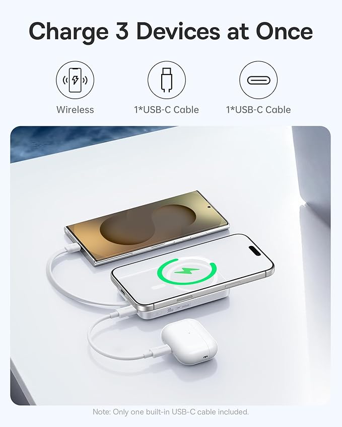 Baseus Magsafe Power Bank, 10,000mAh 30W Magnetic Portable Charger, Fast Charging Wireless Battery Pack with Built-in Braided USB-C Cable for iPhone 17 Pro Max/Air/16/15/14/13, AirPods, iPad and More