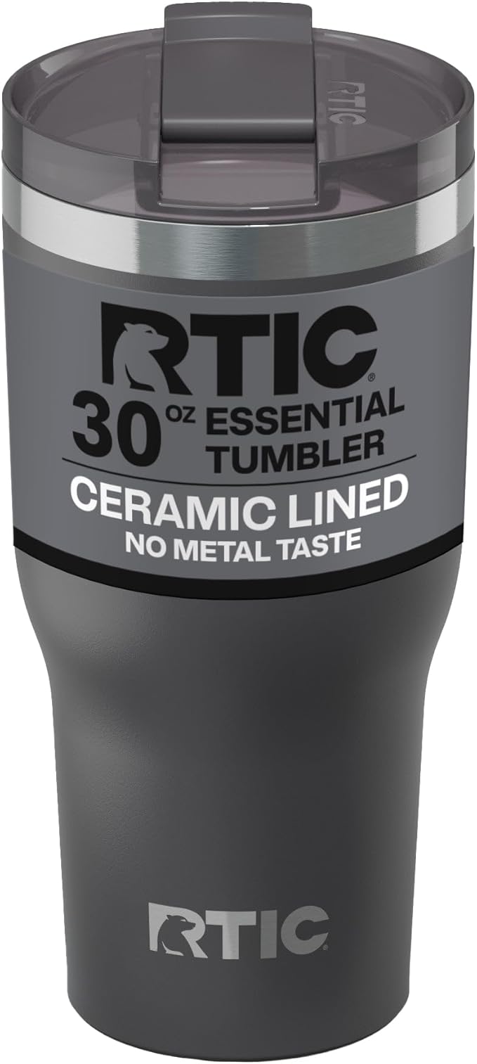 RTIC 30oz Essential Tumbler with Lid, Ceramic Lined, Insulated, Stainless Steel, Metal, Double Wall Vacuum-Insulation, Travel Cup for Iced Coffee, Tea, Hot and Cold Drink, Graphite