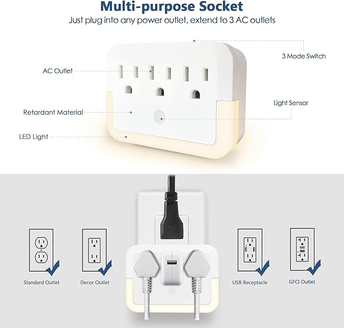 Multi Plug Wall Mount Outlet Adapter, Outlet Extender with Light-Sensing,Power Strip with Warm Night Light for Home Office Hotel Travel-White(1 Pack)