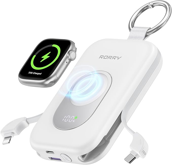 RORRY CharmGo Portable Charger, 20000mAh PD 30W Portable Charger Power Bank with 2 Built-in Cables, Fast Charging Battery Pack with Keychain, Travel Essentials for iPhone, Apple Watch, iPad, White