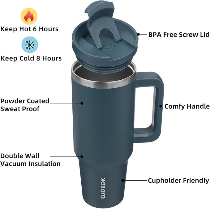 BJPKPK 40oz Stainless Steel Insulated Tumbler With Handle And Lid Straw Travel Coffee Mug Thermal Cup,Navy Blue