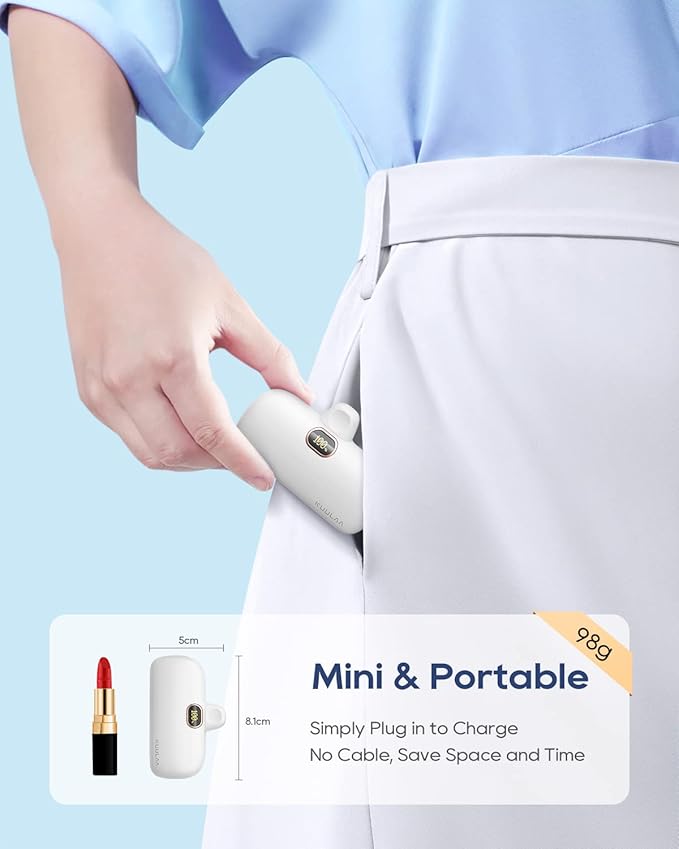 Kuulaa Portable Phone Charger with Built-in USB-C Plug, 5000mAh Mini Portable Charger Power Bank Small Battery Pack for iPhone air/15/16,Samsung S22/S23 & Android (White)